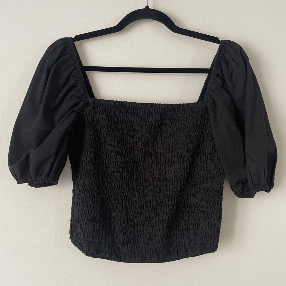 Abercrombie & Fitch Cotton Smocked Puff Sleeve Crop Top Black Sz M Fairy Grunge